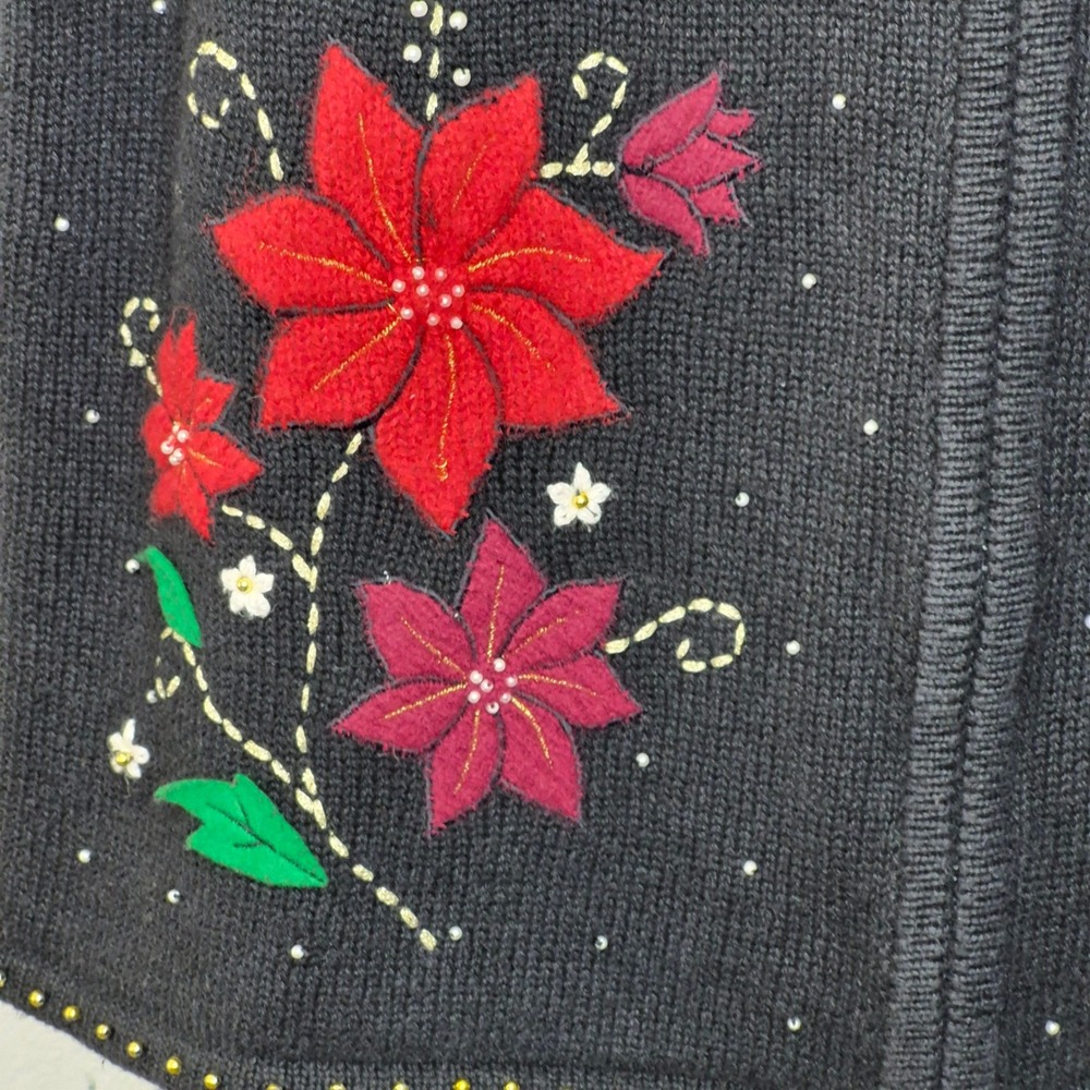 Vintage Erika Ugly Christmas Sweater Vest Poinsettia Beaded Zip Front XL Festive - Picture 3 of 8